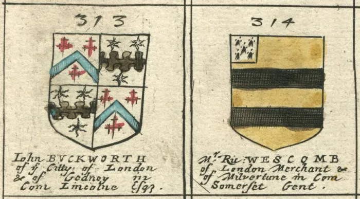 Framed Print : Coat of arms 17th century Buckworth and Wescombe Framed Print : Coat of arms 17th century Buckworth and Wescombe