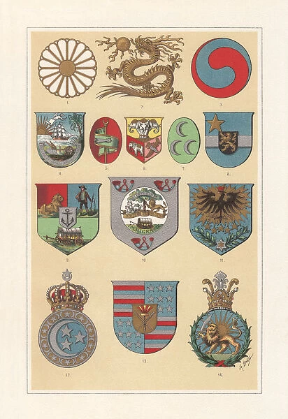 Coat of arms of African and Asian countries, chromolithograph, published 1897