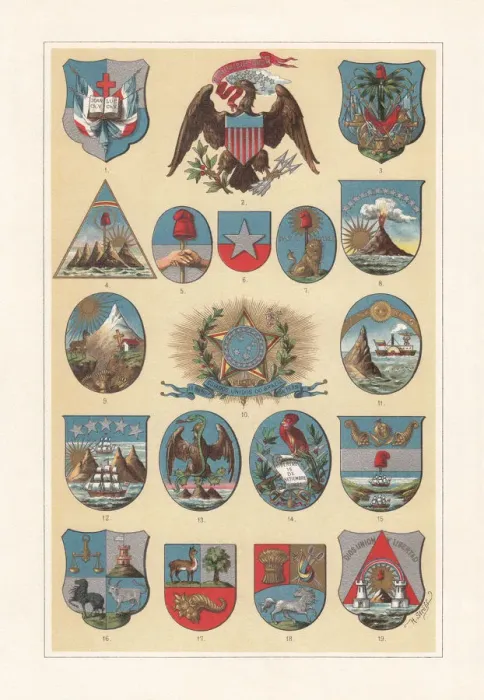 Framed Print : Coat of arms of American countries, lithograph, published 1897 Framed Print : Coat of arms of American countries, lithograph, published 1897