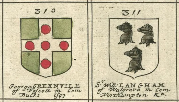 Framed Print : Coat of arms copperplate 17th century Greenville and Langham Framed Print : Coat of arms copperplate 17th century Greenville and Langham