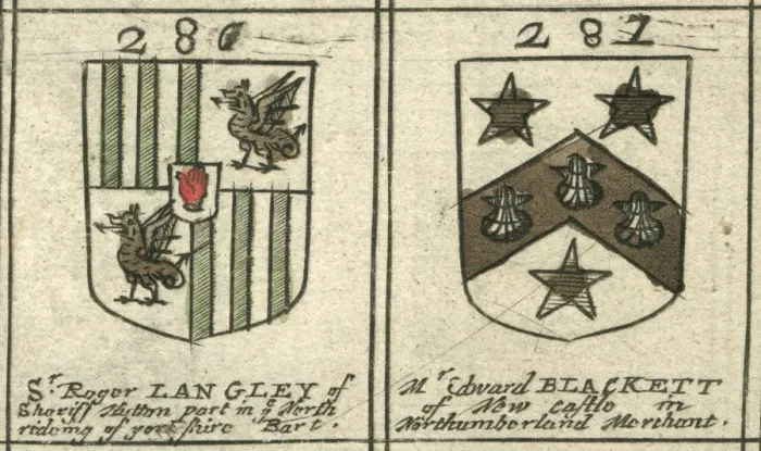 Framed Print : Coat of arms copperplate 17th century Langley and Blackett