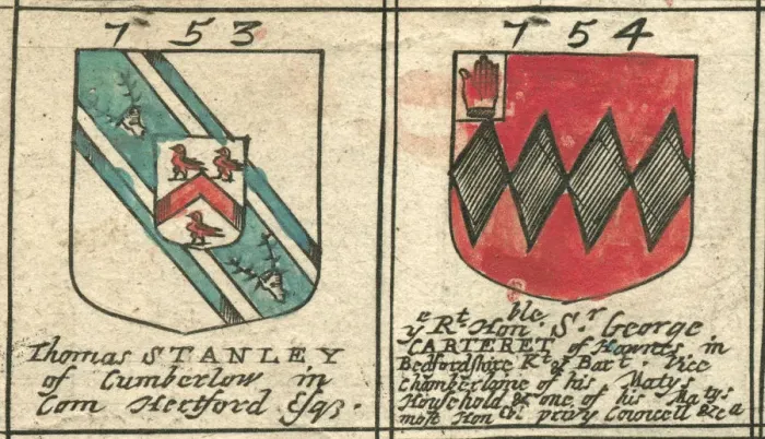 Framed Print : Coat of arms copperplate 17th century Stanley and Carteret Framed Print : Coat of arms copperplate 17th century Stanley and Carteret
