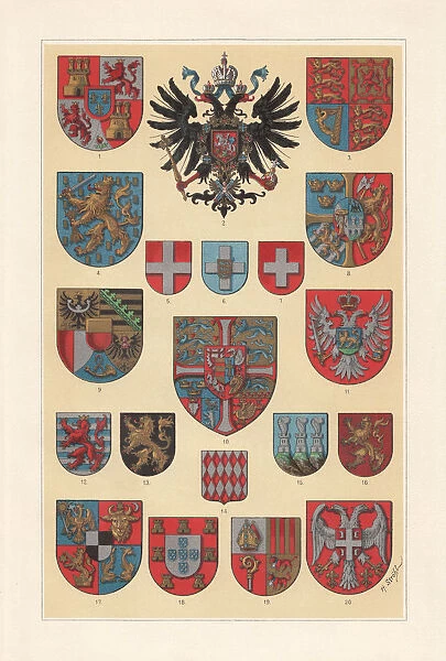 Coat of arms of the European states, lithograph, published 1897