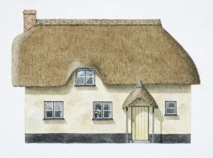 Framed Print : Cob cottage with overhanging thatch roof, front view Framed Print : Cob cottage with overhanging thatch roof, front view