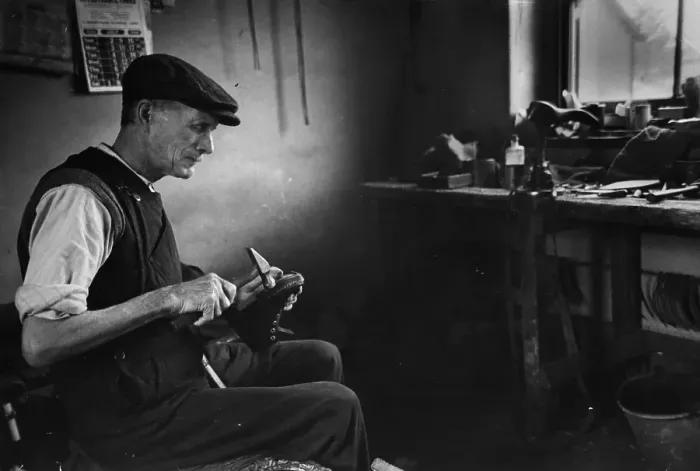 Framed Print : Cobbler. Mr Pollard, a shoe-maker, at work in his workshop in Yorkshire Framed Print : Cobbler. Mr Pollard, a shoe-maker, at work in his workshop in Yorkshire