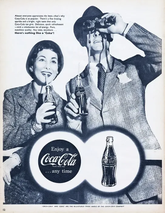 Framed Print : Coca-Cola. 1955: Advertisement for Coca-Cola showing a woman with a man Framed Print : Coca-Cola. 1955: Advertisement for Coca-Cola showing a woman with a man