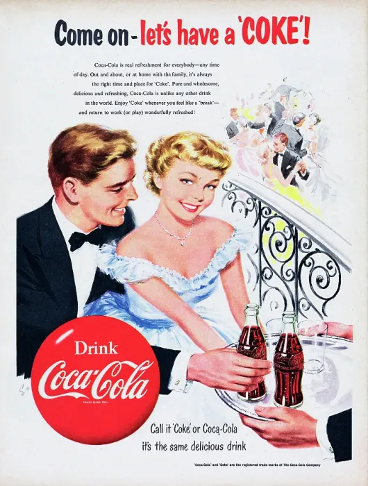 Framed Print : Coca-Cola. 1954: Advertisement for Coca-Cola with the caption Come on - let's have a Coke' Framed Print : Coca-Cola. 1954: Advertisement for Coca-Cola with the caption Come on - let's have a Coke'