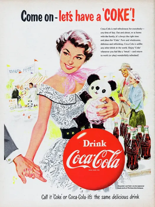 Framed Print : Coca-Cola. 1954: Advertisement for Coca-Cola showing a young woman holding Framed Print : Coca-Cola. 1954: Advertisement for Coca-Cola showing a young woman holding