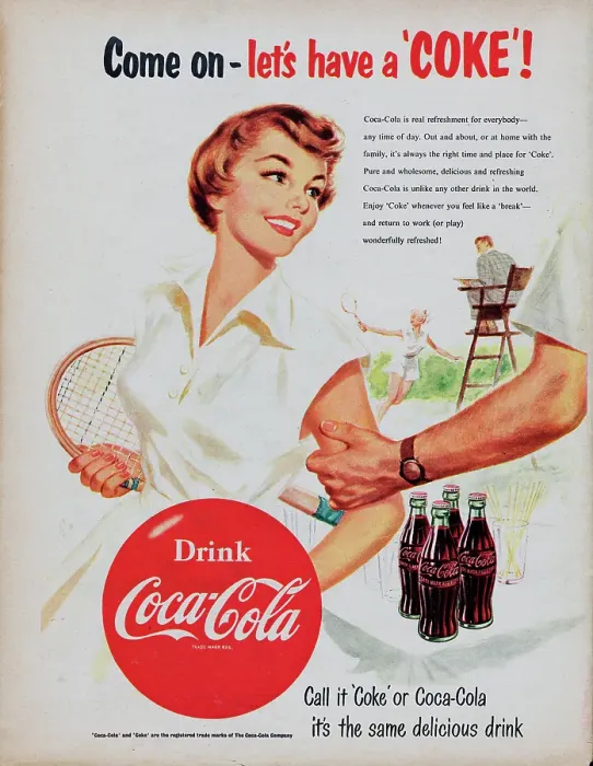 Framed Print : Coca-Cola. 1954: Advertisement for Coca-Cola with the caption Come on - let's have a Coke' Framed Print : Coca-Cola. 1954: Advertisement for Coca-Cola with the caption Come on - let's have a Coke'