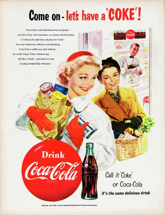 Framed Print : Coca-Cola. 1954: Advertisement for Coca-Cola showing two women holding groceries Framed Print : Coca-Cola. 1954: Advertisement for Coca-Cola showing two women holding groceries