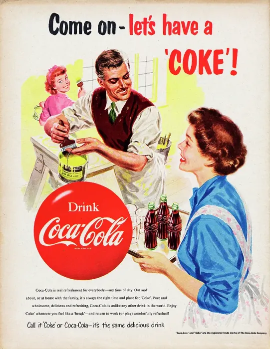 Framed Print : Coca-Cola. 1954: Advertisement for Coca-Cola showing a family taking a break Framed Print : Coca-Cola. 1954: Advertisement for Coca-Cola showing a family taking a break