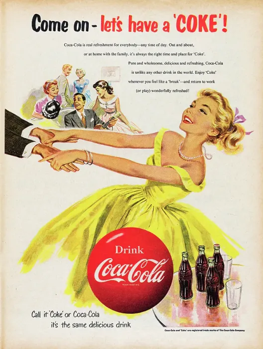 Framed Print : Coca-Cola. 1954: Advertisement for Coca-Cola showing a woman dancing Framed Print : Coca-Cola. 1954: Advertisement for Coca-Cola showing a woman dancing