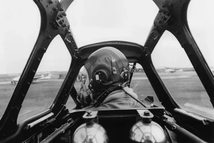 Framed Print : Cockpit. 17th June 1950: Pilot Bruce Wingate at the controls of a Meteor Framed Print : Cockpit. 17th June 1950: Pilot Bruce Wingate at the controls of a Meteor