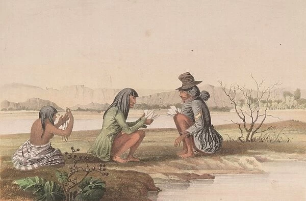 Cocopas. circa 1800: Three Cocopa Native Americans squatting on the ground