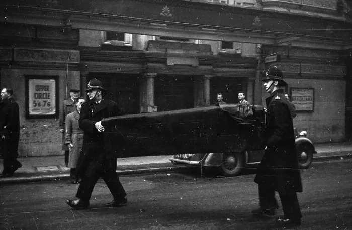 Framed Print : Coffin. 21st November 1953: Police confiscate a coffin filled with potassium permanganate Framed Print : Coffin. 21st November 1953: Police confiscate a coffin filled with potassium permanganate