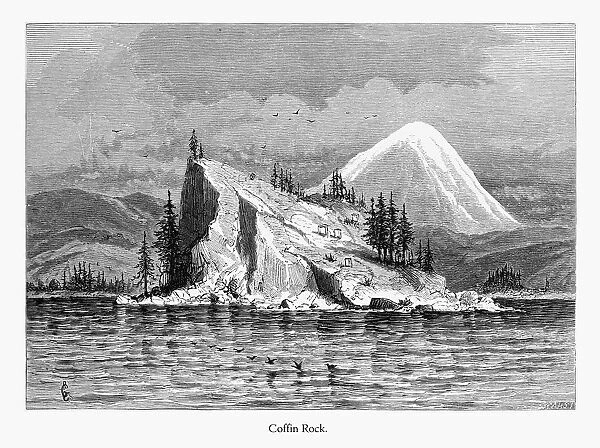 Coffin Rock, Columbia River, Oregon, United States, American Victorian Engraving, 1872