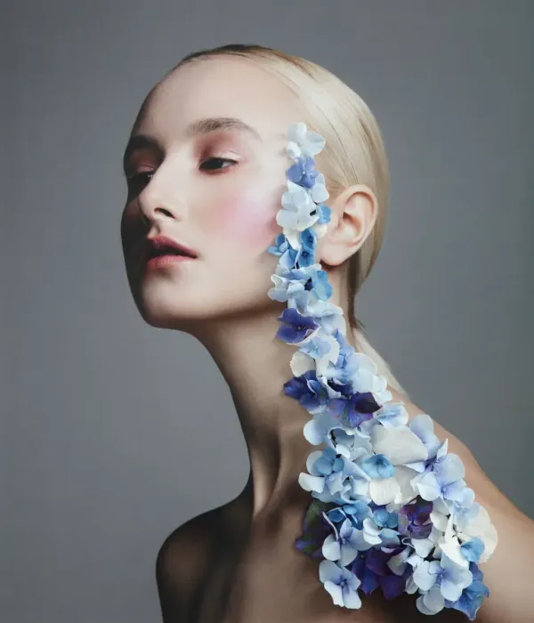 Framed Print : Collage with female portrait and blue flowers Framed Print : Collage with female portrait and blue flowers