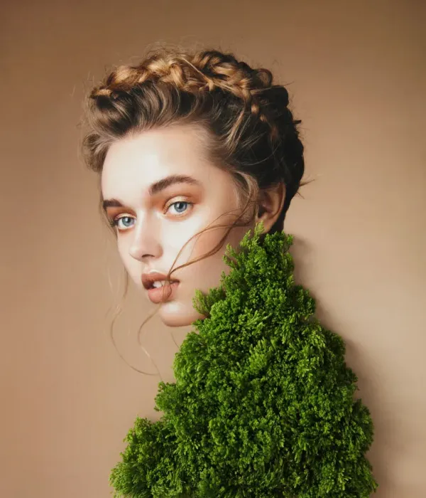 Framed Print : Collage with female portrait and green plant Framed Print : Collage with female portrait and green plant