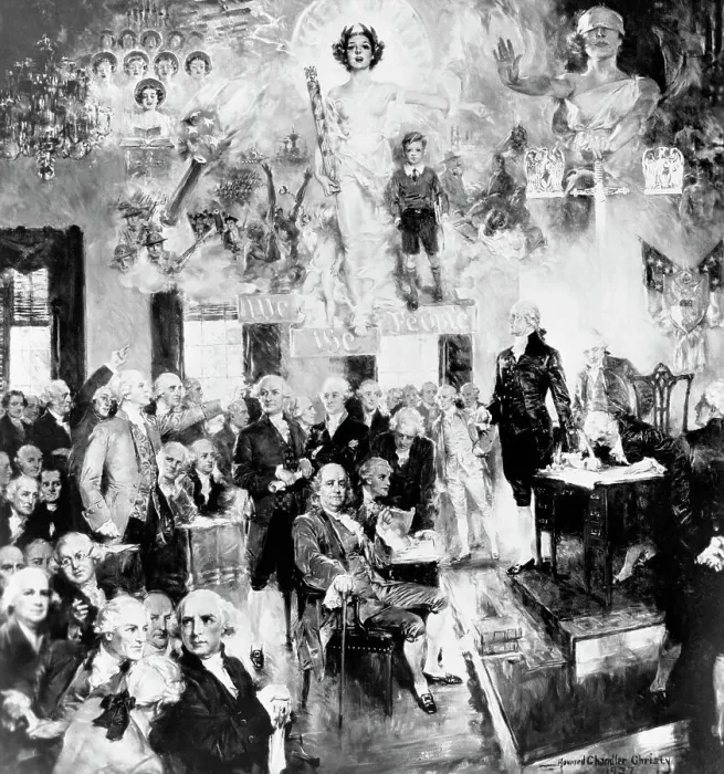 Framed Print : Collage Type Drawing of the Constitution Meeting Framed Print : Collage Type Drawing of the Constitution Meeting