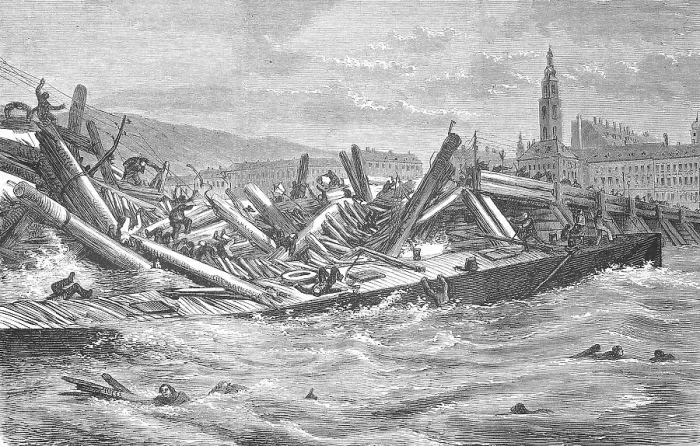 Framed Print : The collapse of the bridge of Linz, Austria, 1868, Historical, digitally restored reproduction of an original 19th century original, exact original date unknown