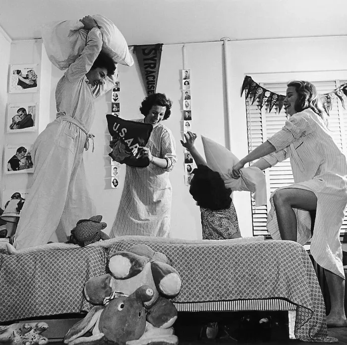 Framed Print : College Women Having Pillow Fight Framed Print : College Women Having Pillow Fight