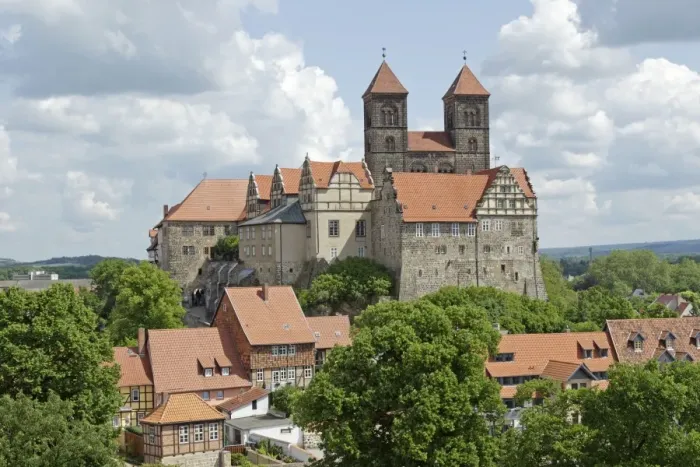 Framed Print : Collegiate Church of St. Servatius with monastery buildings on the Schlossberg or castle hill, Quedlinburg, Saxony-Anhalt, Germany Framed Print : Collegiate Church of St. Servatius with monastery buildings on the Schlossberg or castle hill, Quedlinburg, Saxony-Anhalt, Germany