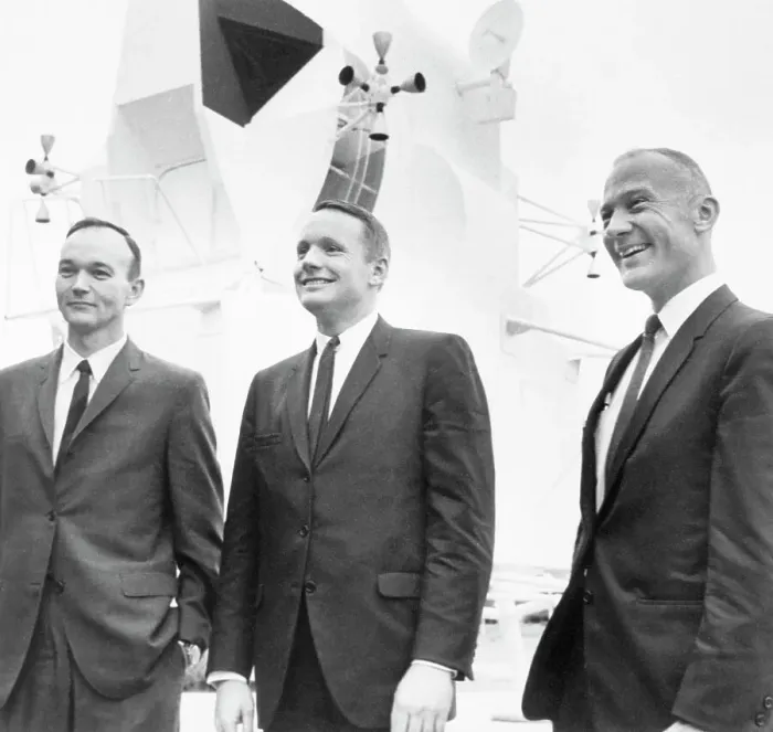 Framed Print : Collins, Armstrong, and Aldrin with Lunar Lander Mock-Up
