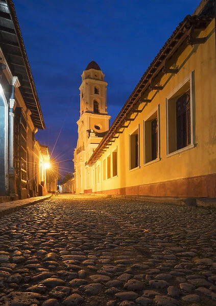 Colonial church and street at night