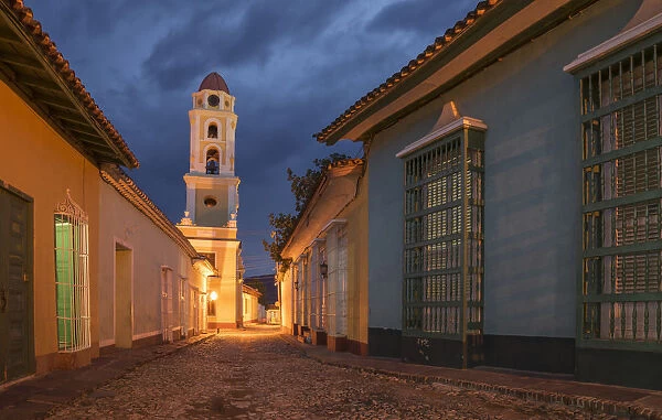 Colonial church and street at night