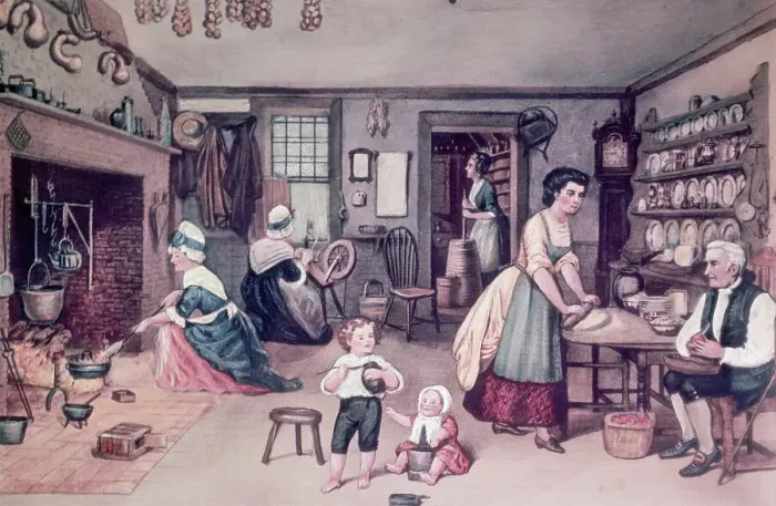 Framed Print : Color Engraving of the Interior of a Colonial Kitchen Framed Print : Color Engraving of the Interior of a Colonial Kitchen