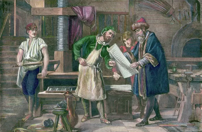 Framed Print : Color Engraving of Johannes Gutenberg in his Workshop Framed Print : Color Engraving of Johannes Gutenberg in his Workshop