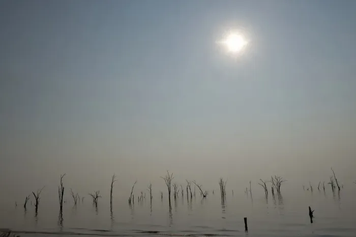 Framed Print : color image, colour image, copy space, fog, horizon over water, horizontal, lake Framed Print : color image, colour image, copy space, fog, horizon over water, horizontal, lake