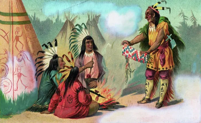Framed Print : Color Lithograph of a Native Americans Around a Campfire