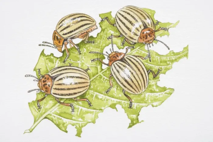 Framed Print : Four Colorado Beetles (Leptinotarsa decemlineata) feeding on a potato leaf Framed Print : Four Colorado Beetles (Leptinotarsa decemlineata) feeding on a potato leaf