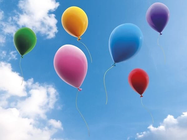 Colorful balloons against blue sky with clouds, illustration