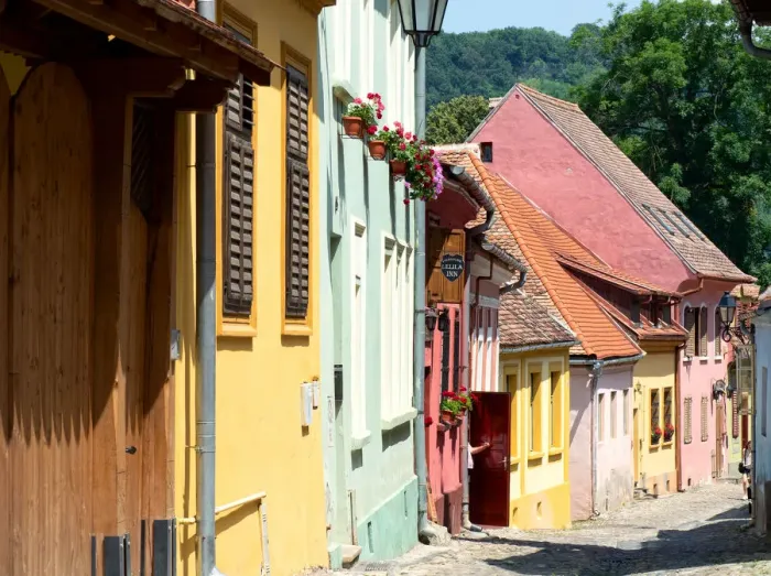 Framed Print : Colorful houses in Sighisoara old town, Transylvania, Romania Framed Print : Colorful houses in Sighisoara old town, Transylvania, Romania