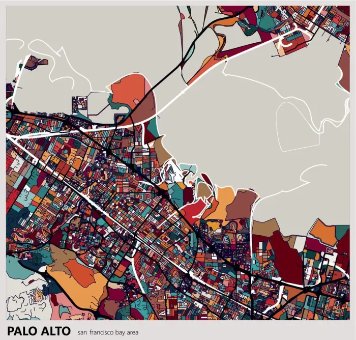 Framed Print : colorful Palo alto city art map