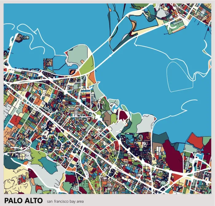 Framed Print : colorful Palo alto city art map Framed Print : colorful Palo alto city art map