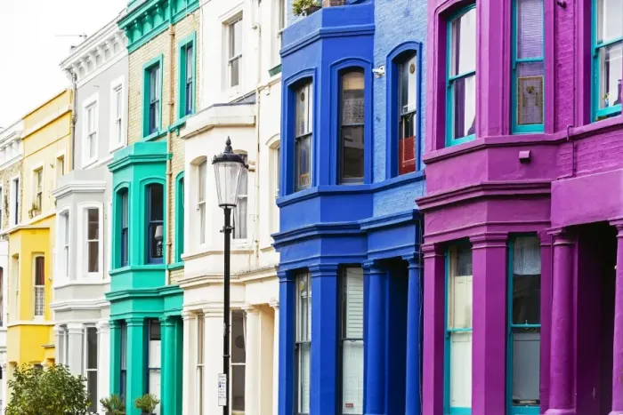 Framed Print : Colorful vibrant houses in Notting Hill, London, UK Framed Print : Colorful vibrant houses in Notting Hill, London, UK