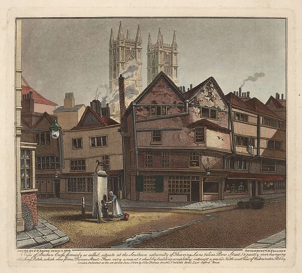 Coloured engraving of Old London, Westminster Abbey