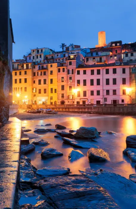 Framed Print : Colourful. Castle watches over bay of Vernazza below