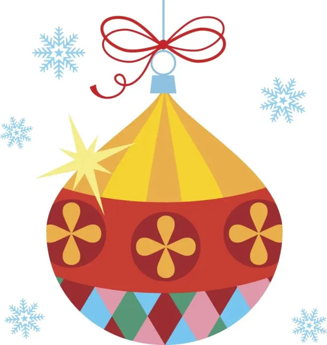Framed Print : Colourful bauble hanging from string, falling snowflakes in background