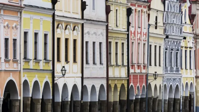 Framed Print : Colourful facades in the centre of Telc in South Bohemia, Czech Republic, Central Europe Framed Print : Colourful facades in the centre of Telc in South Bohemia, Czech Republic, Central Europe
