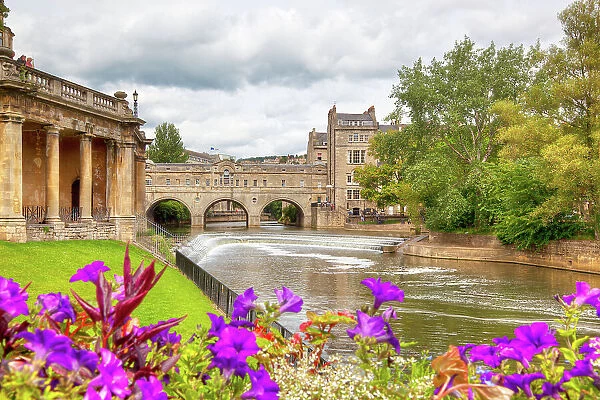 Colourful flowers with the Pulteney Bridge and the River Avon