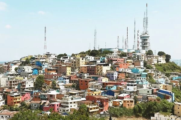 Colourful houses and radio masts on Cerro del Carmen, Guayaquil, Guayas Province, Ecuador