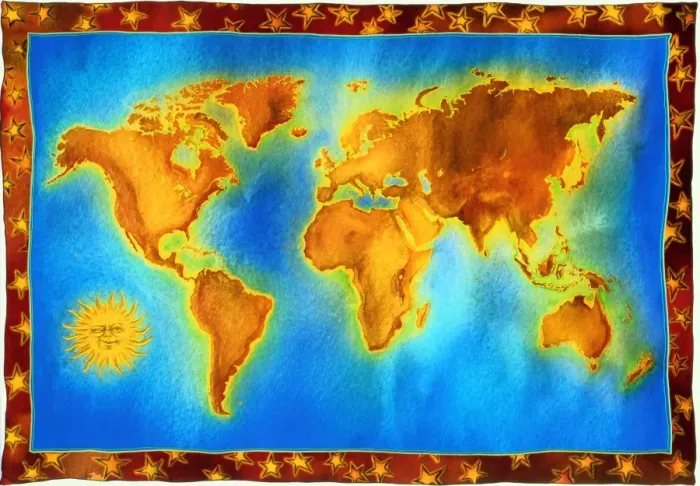 Framed Print : Colourful map of world, with winking sun in corner (Composite) Framed Print : Colourful map of world, with winking sun in corner (Composite)