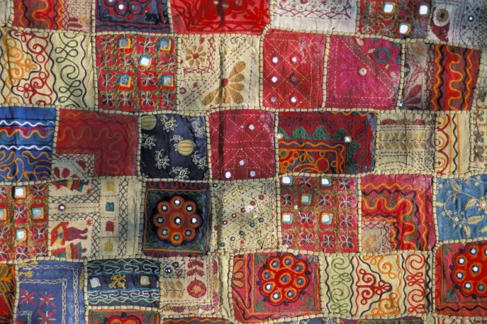 Framed Print : Colourful patchwork carpet with small mirrors, Rajasthan, India, Asia Framed Print : Colourful patchwork carpet with small mirrors, Rajasthan, India, Asia