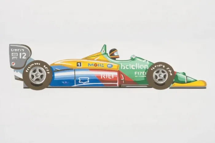 Framed Print : Colourful racing car with driver in the seat, side view Framed Print : Colourful racing car with driver in the seat, side view