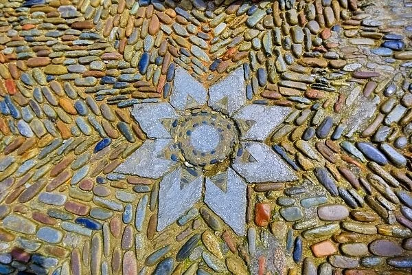 Colourful stone mosaic outside Girona Cathedral, Cathedral of Saint Mary of Girona, Girona, Catalonia, Spain
