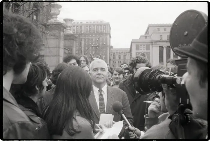 Framed Print : Columbia University President Talks to Press
